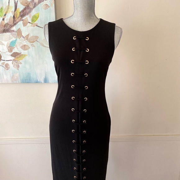 CARMEN Carmen Marc Valvo BLACK LACE UP GROMMET TRIM SLEEVELESS DRESS SIZE SMALL - Picture 3 of 16